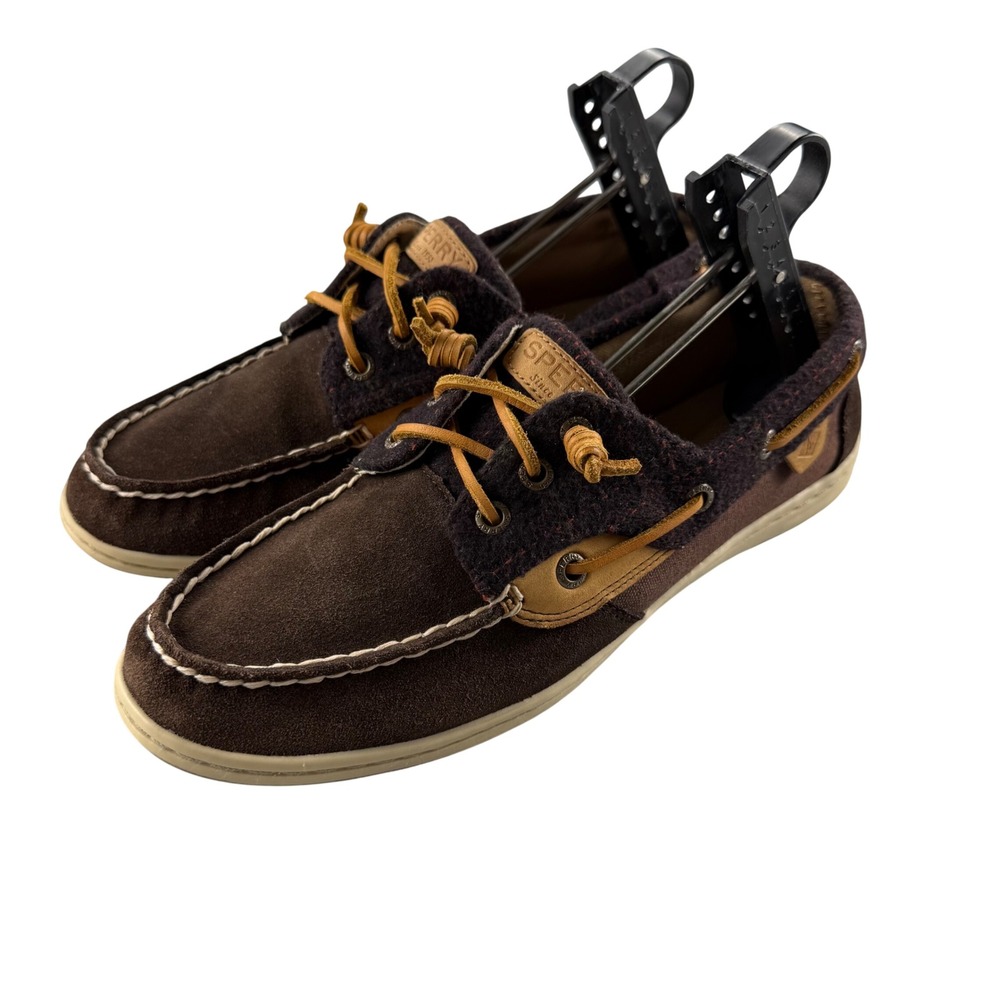 Sperry Top-Sider Women 9 Brown Suede Wool Boat Shoes Burgundy Mixed Preppy Fall